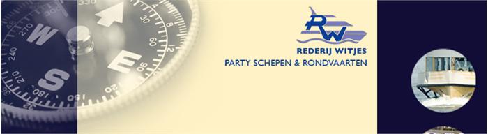 Headerafbeelding van Rederij Witjes met kompas logo en een cirkelvormige foto van een schip met de tekst Rederij Witjes Party Schepen Rondvaarten